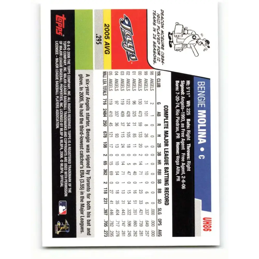 2006 Topps Update #86 Bengie Molina EX Excellent Toronto Blue Jays Baseball Card - Baseball Card Single