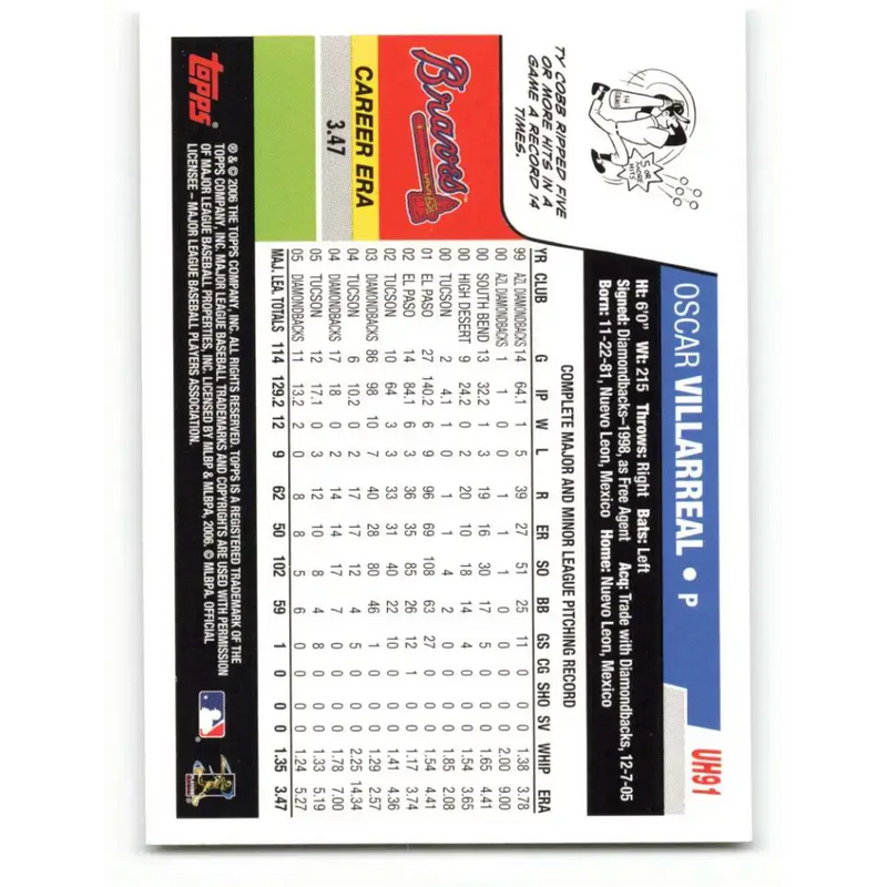 2006 Topps Update #91 Oscar Villarreal EX Excellent Atlanta Braves Baseball Card - Baseball Card Single