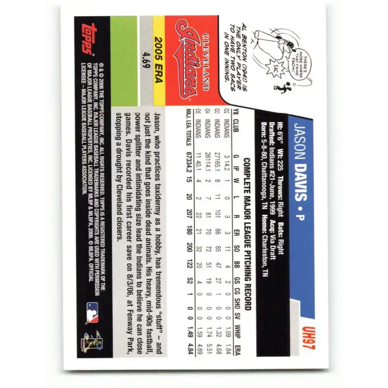 2006 Topps Update #97 Jason Davis EX Excellent Cleveland Indians Baseball Card - Baseball Card Single
