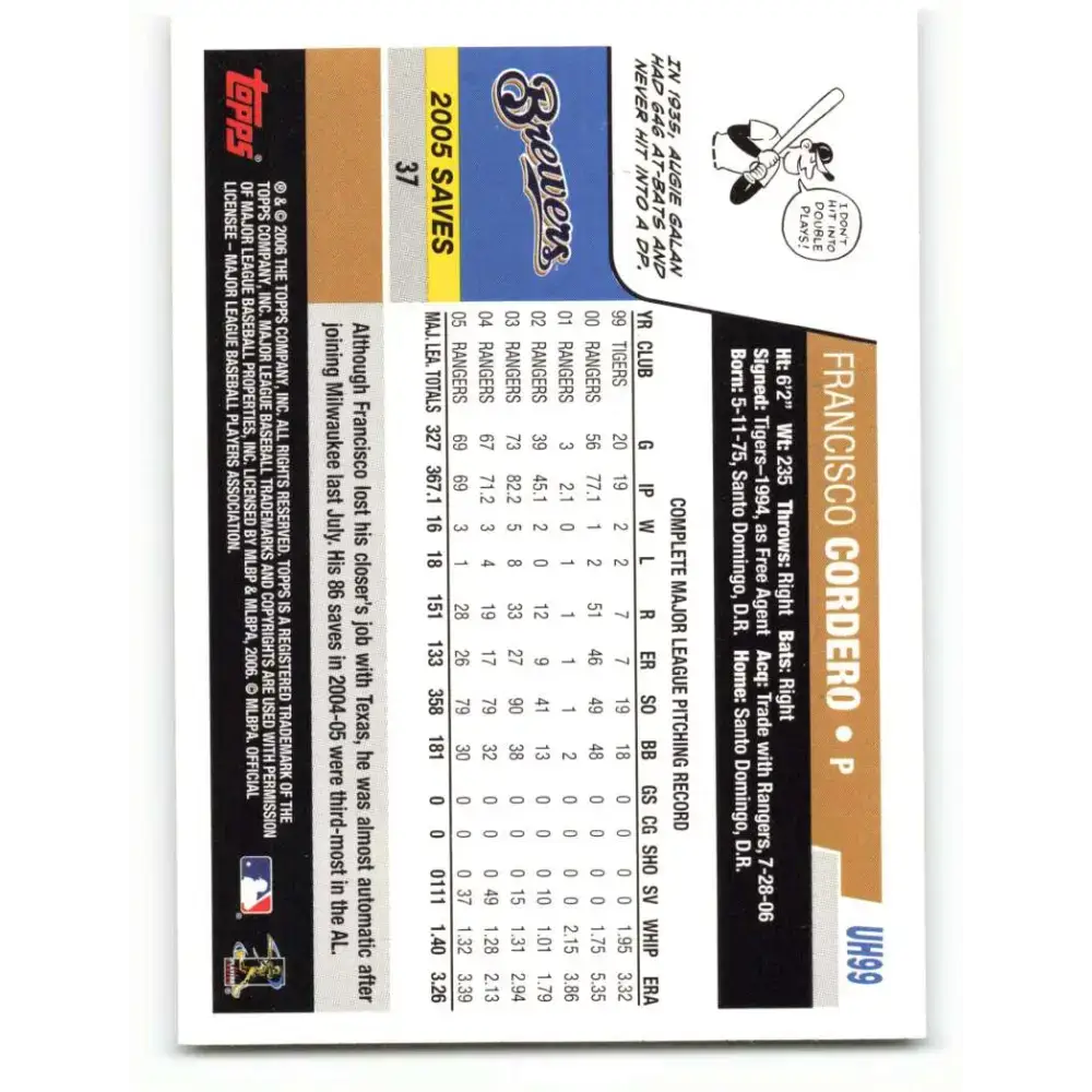 2006 Topps Update #99 Francisco Cordero EX Excellent Milwaukee Brewers Baseball Card - Baseball Card Single