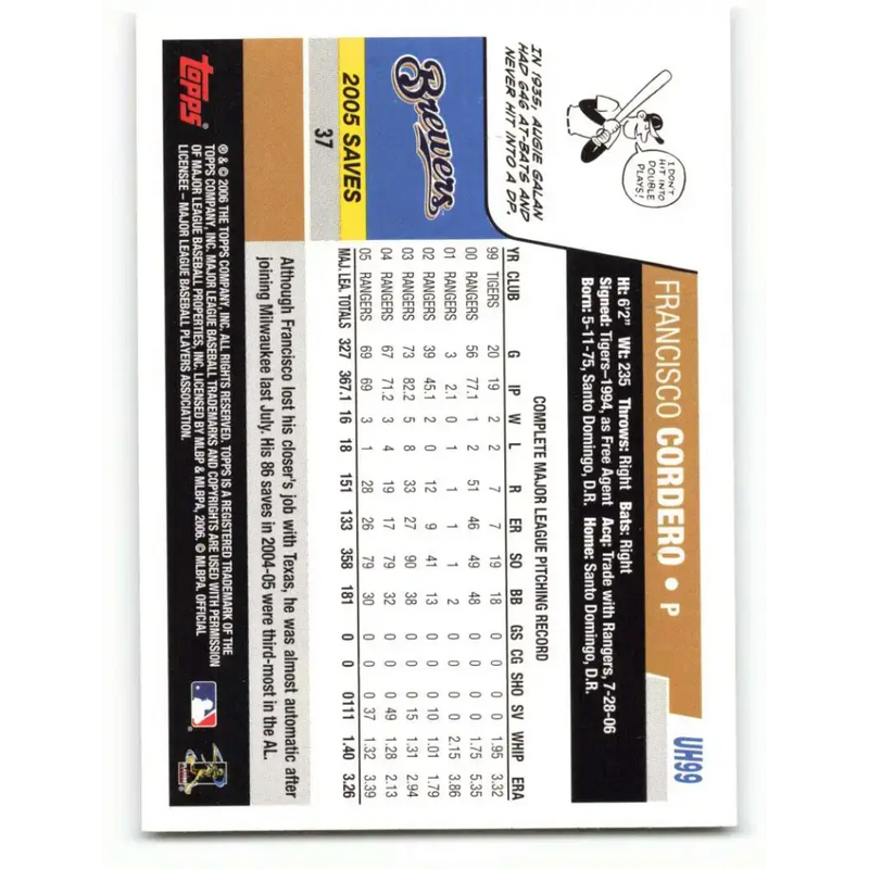 2006 Topps Update #99 Francisco Cordero EX Excellent Milwaukee Brewers Baseball Card - Baseball Card Single