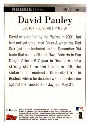 2006 Topps Update Rookie Debut #RD34 David Pauley NM Near Mint Red Sox ID:65025 - Baseball Card Single