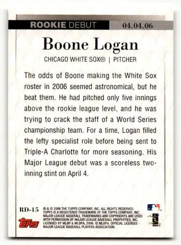 Original gloss Boone Logan rookie debut baseball card featuring Chicago White Sox ID 59741