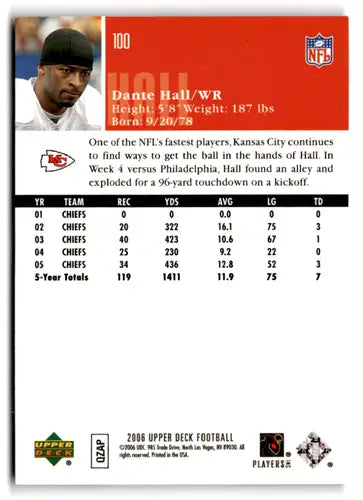 2006 Upper Deck #100 Dante Hall NM-MT Chiefs ID:77791 - Football Card Single