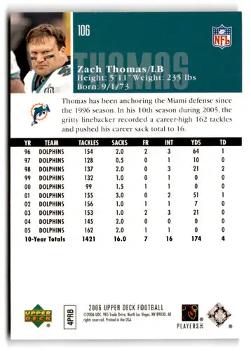 Original gloss 2006 Upper Deck Zach Thomas football card Dolphins NM-MT