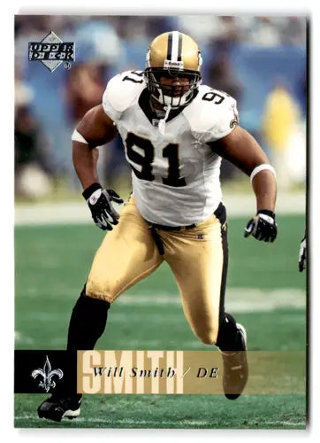 Football player in uniform showcasing original gloss from 2006 Upper Deck Will Smith NM-MT Saints card