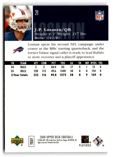 2006 Upper Deck #21 J.P. Losman NM-MT Bills ID:77458 - Football Card Single