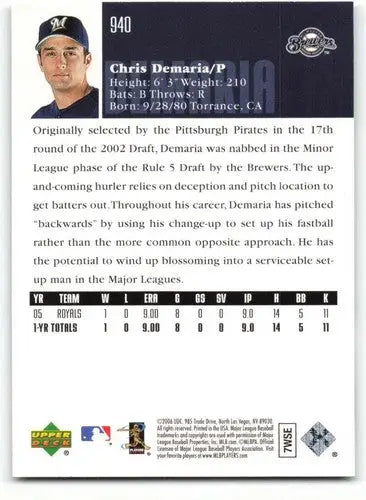 Original gloss 2006 Upper Deck Chris Demaria rookie baseball card Brewers ID 71809