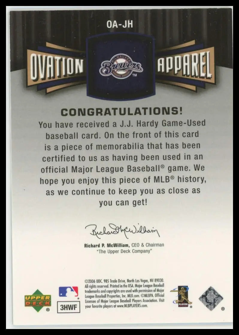 2006 Upper Deck Ovation - Apparel J.J. Hardy OA-JH Milwaukee Brewers NM - Baseball Card Single