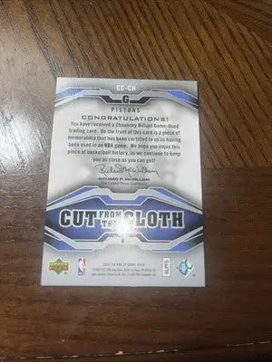 Chauncey Billups game-used trading card from 2007 08 SP Game Used Cut from the Cloth