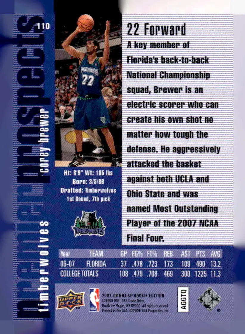 2007-08 SP Rookie Edition #110 Corey Brewer - Basketball Card Single