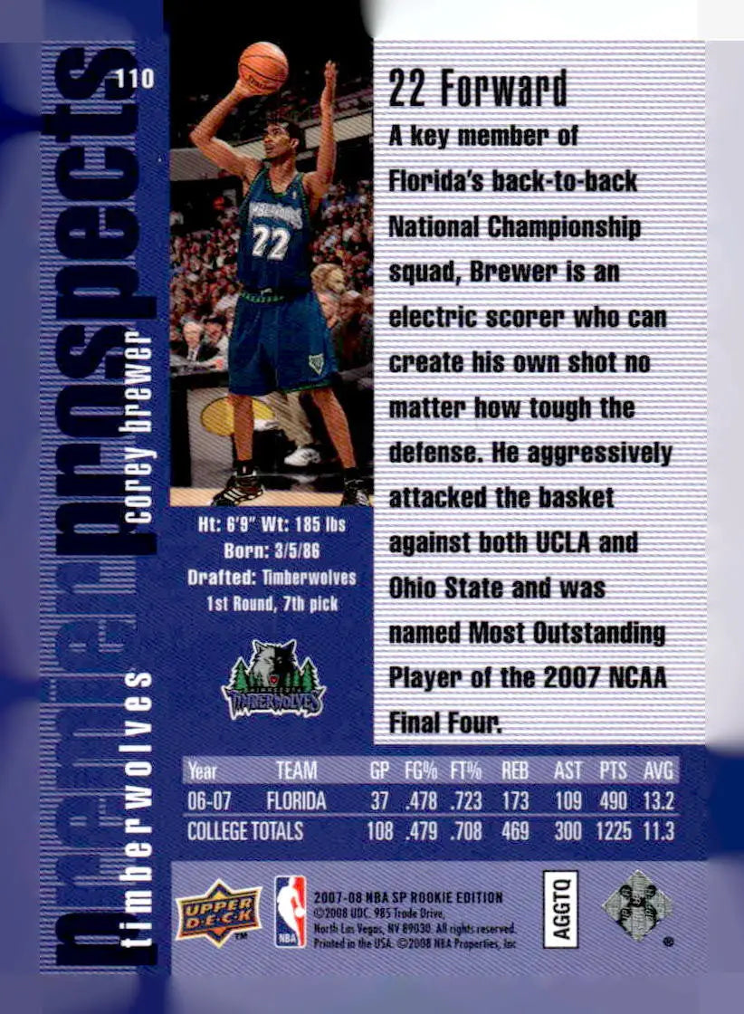 2007-08 SP Rookie Edition #110 Corey Brewer - Basketball Card Single