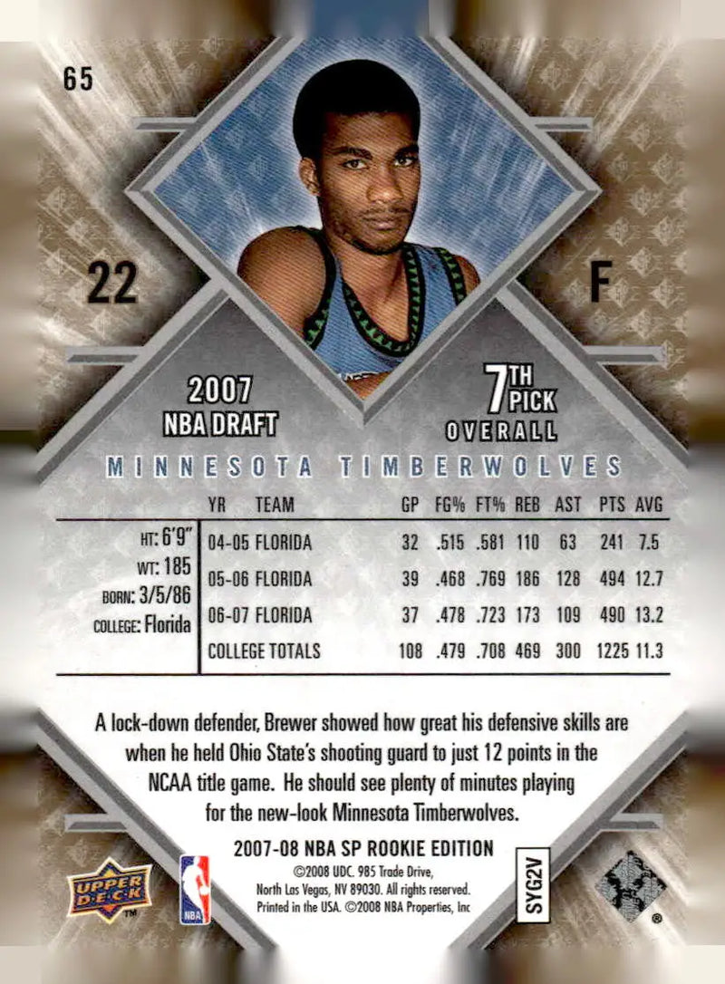 2007-08 SP Rookie Edition #65 Corey Brewer - Basketball Card Single