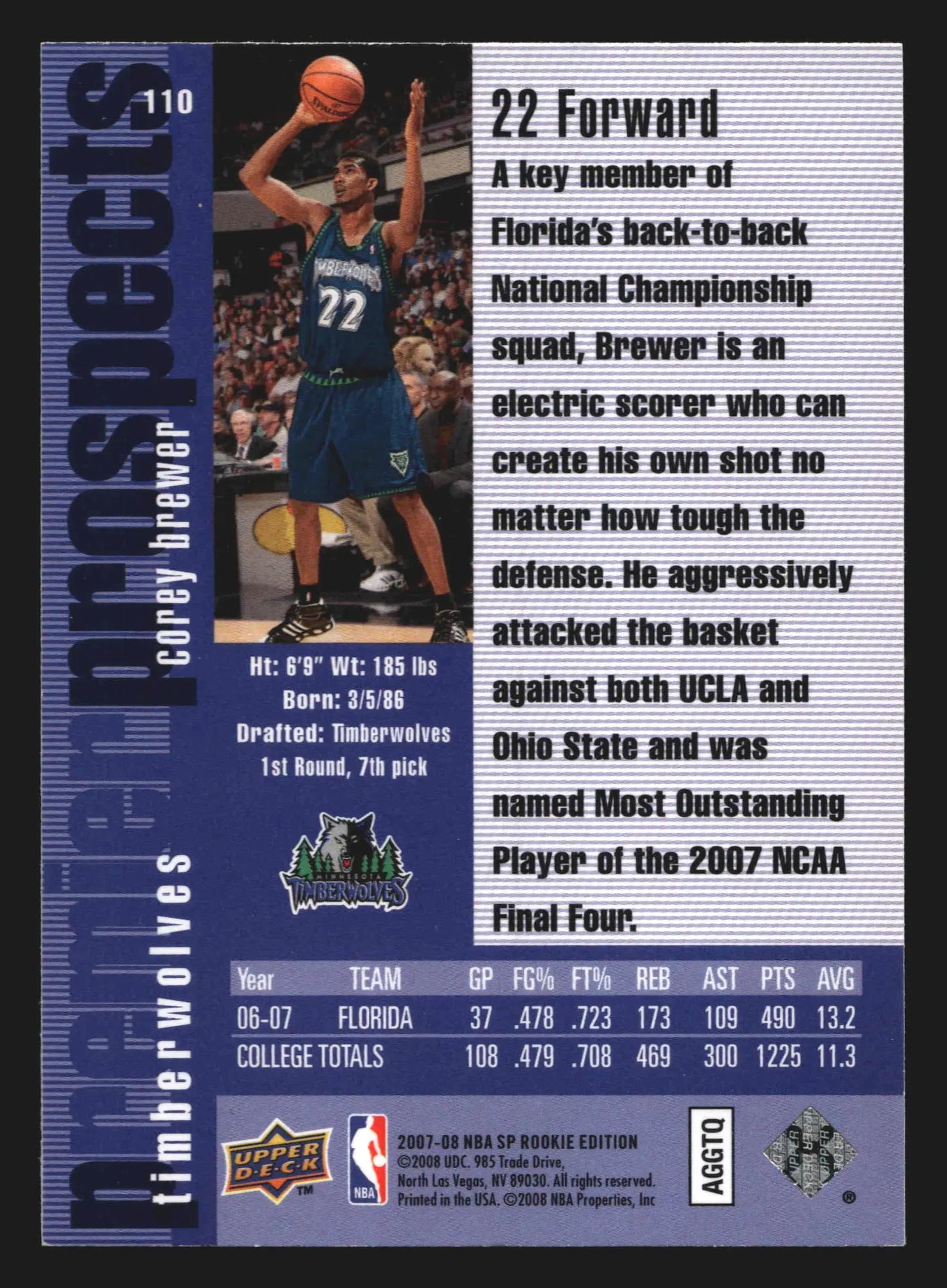 2007-08 SP Rookie Edition Corey Brewer #110 Premier Prospects RC - Basketball Card Single