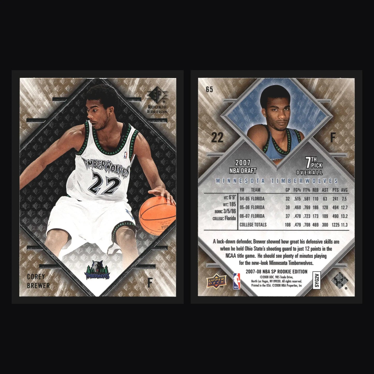 2007-08 SP Rookie Edition Corey Brewer #65 Minnesota Timberwolves - Basketball Card Single