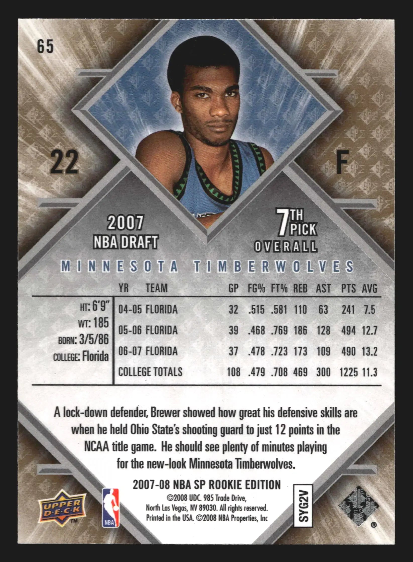 2007-08 SP Rookie Edition Corey Brewer #65 Minnesota Timberwolves - Basketball Card Single