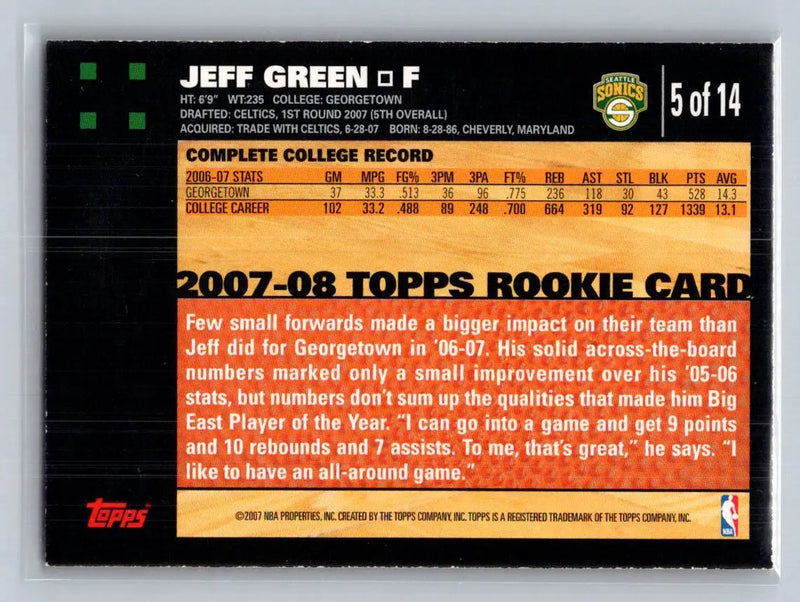 2007-08 Topps #5 Jeff Green Rookie Set Orange Seattle SuperSonics - Basketball Card Single