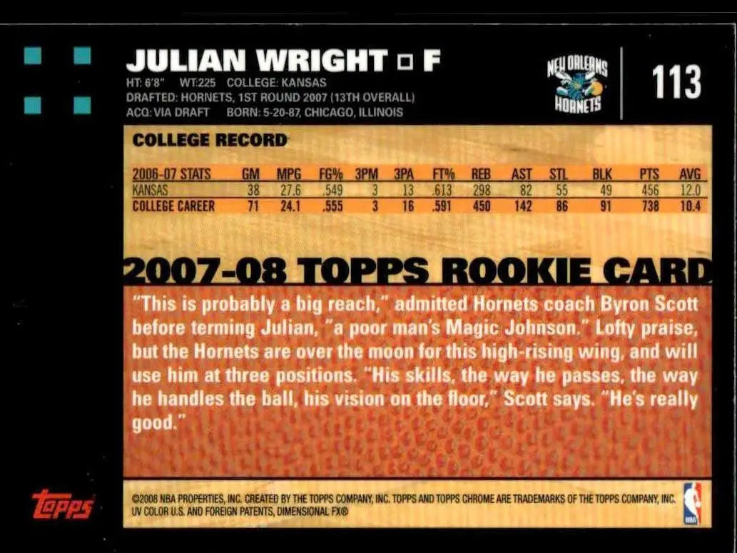 2007-08 Topps Chrome #113 Julian Wright - Basketball Card Single
