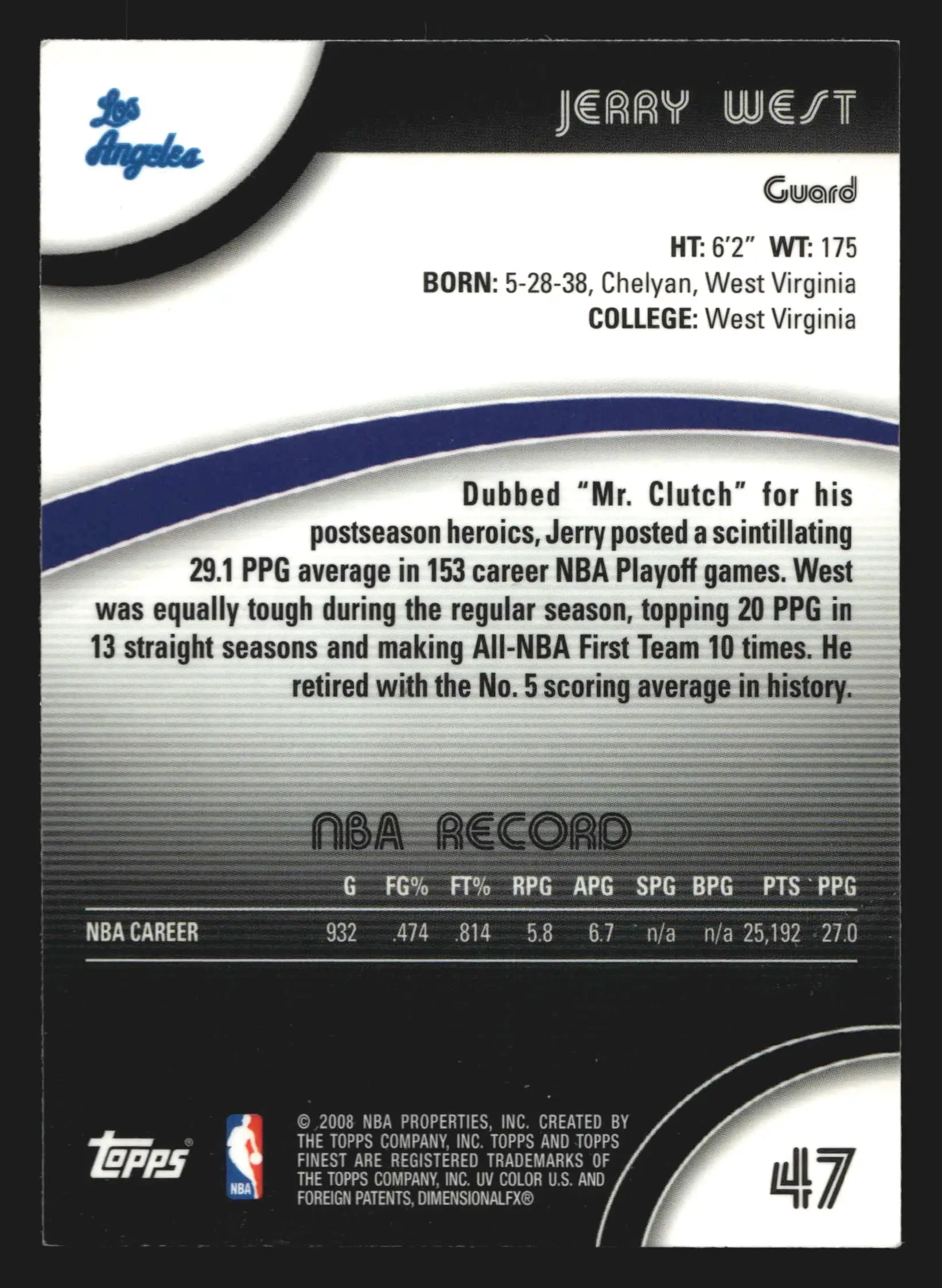2007-08 Topps Finest #47 Jerry West Los Angeles Lakers HOF - Basketball Card Single