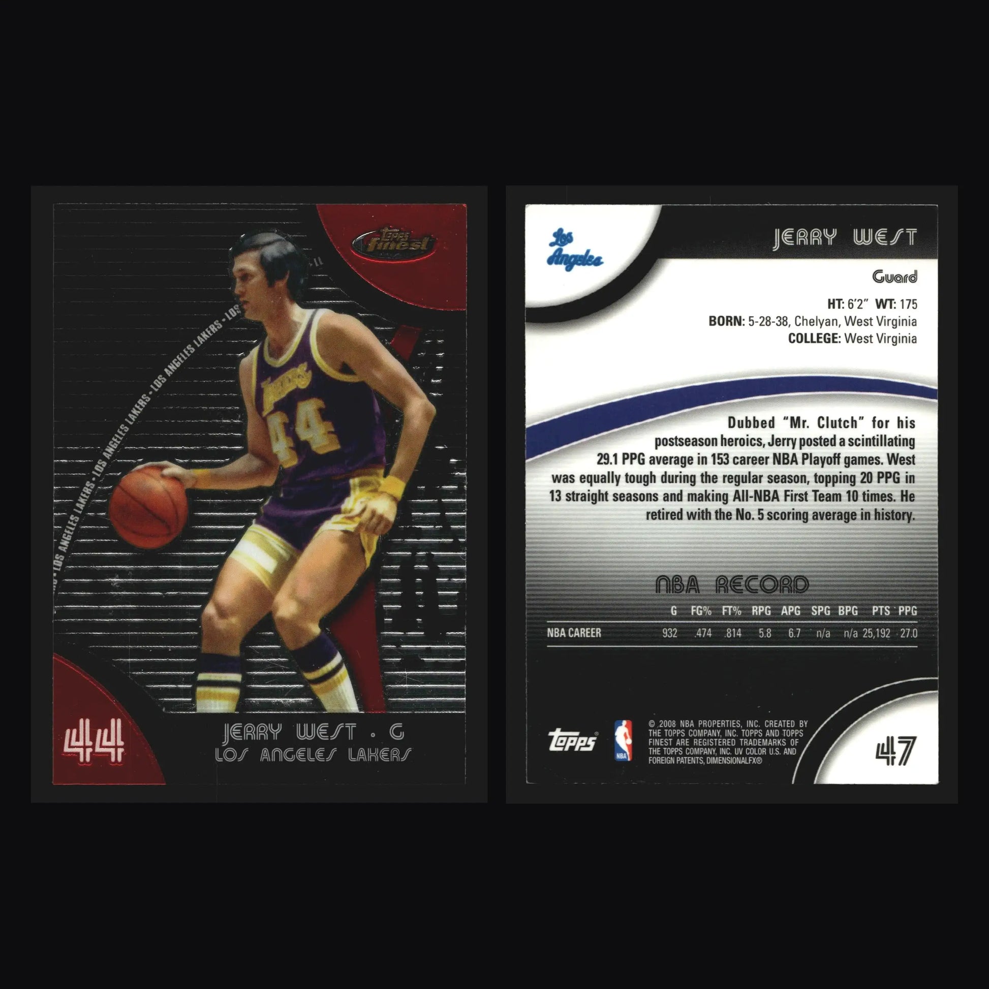 2007-08 Topps Finest #47 Jerry West Los Angeles Lakers HOF - Basketball Card Single