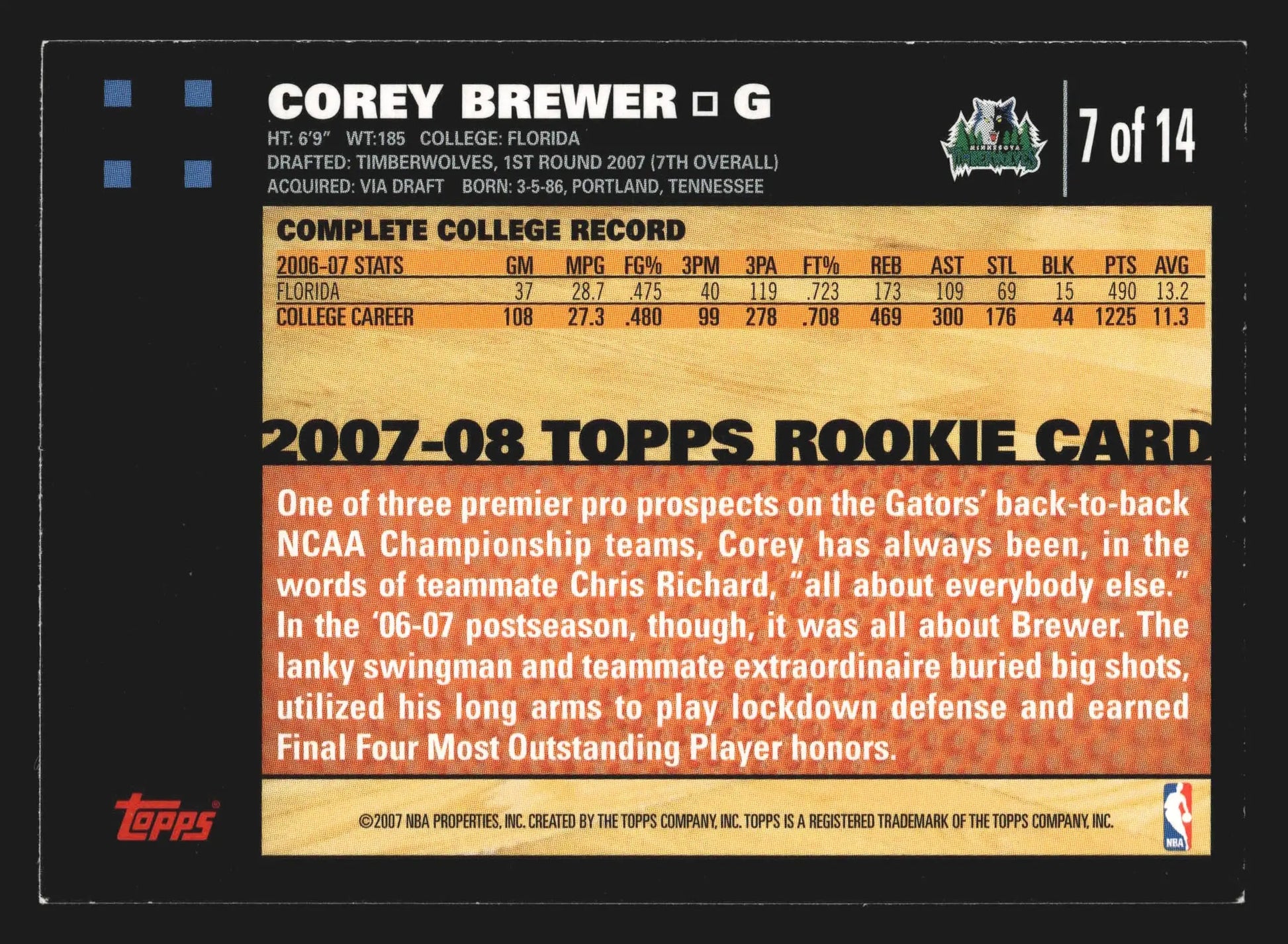 2007-08 Topps Rookie Card Corey Brewer #7 RC Minnesota Timberwolves - Basketball Card Single