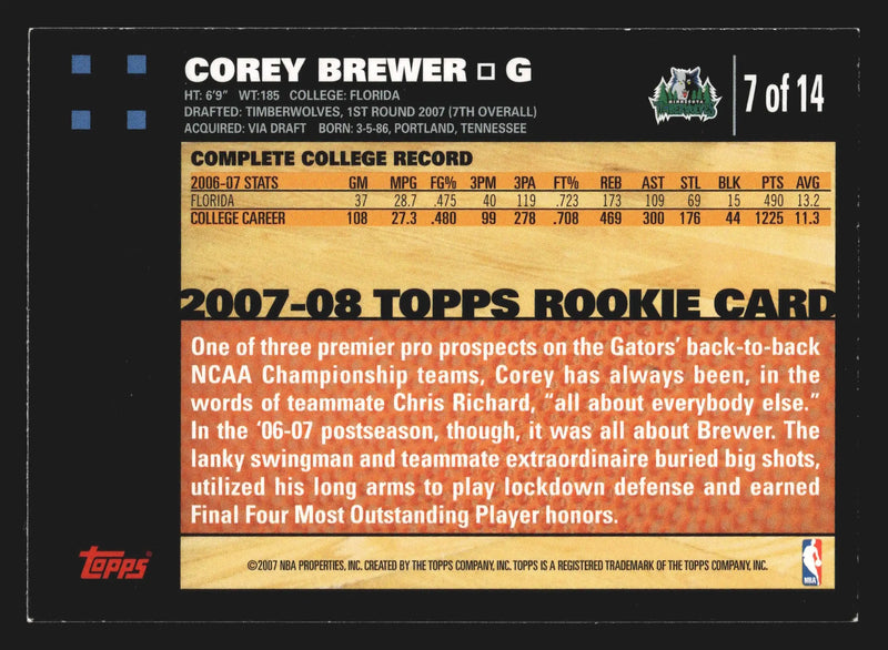 2007-08 Topps Rookie Card Corey Brewer #7 RC Minnesota Timberwolves - Basketball Card Single