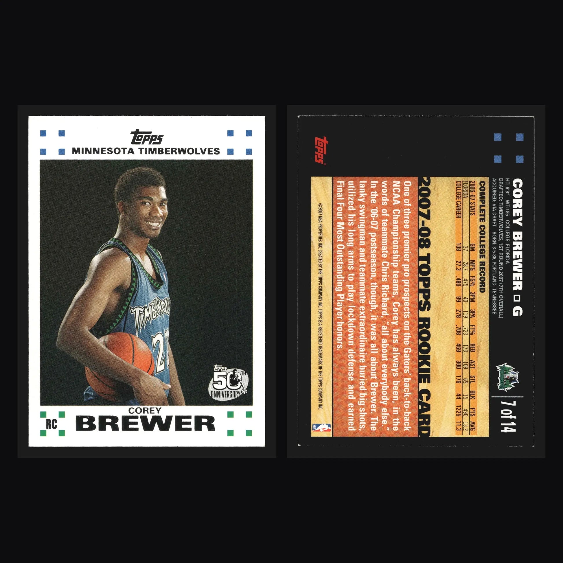 2007-08 Topps Rookie Card Corey Brewer #7 RC Minnesota Timberwolves - Basketball Card Single