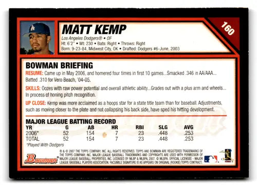 2007 Bowman #160 Matt Kemp NM Near Mint Dodgers ID:81501 - Baseball Card Single