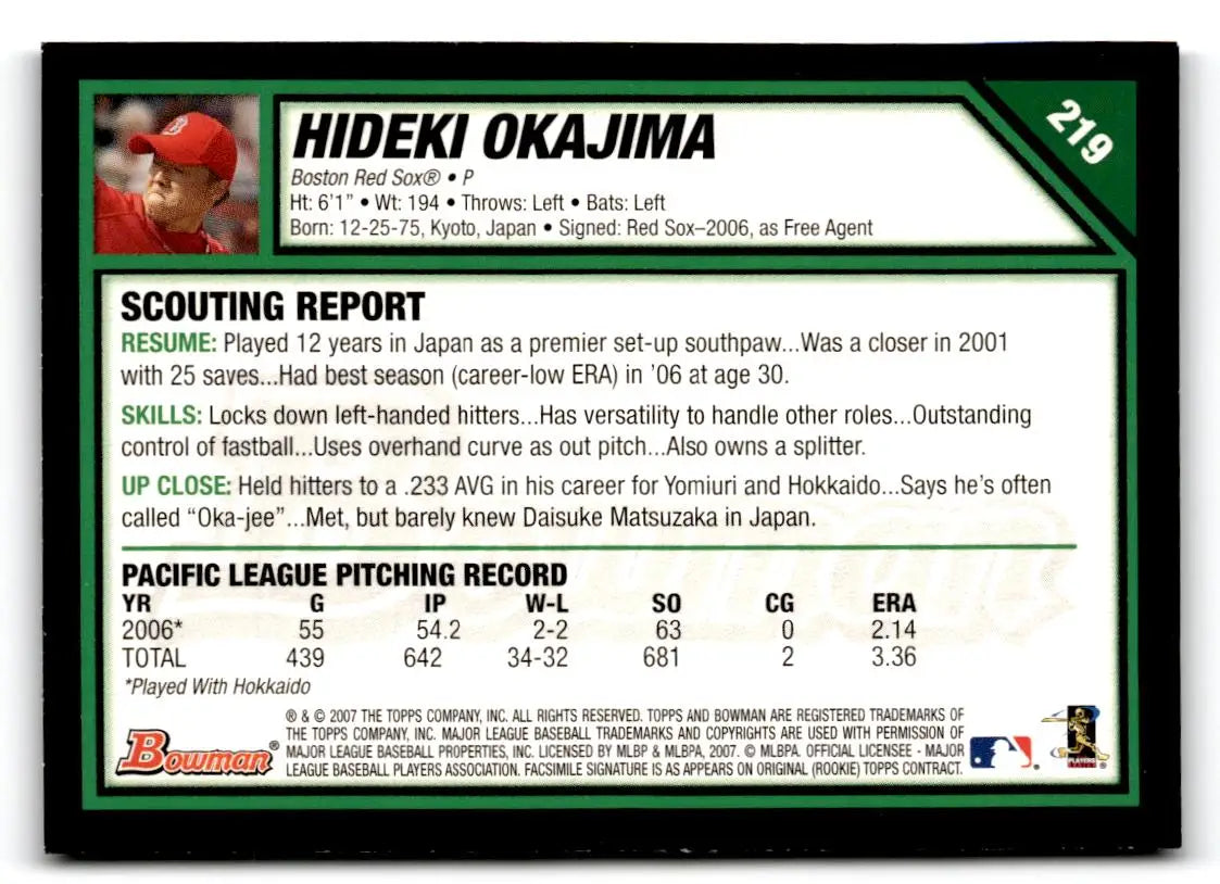 2007 Bowman #219 Hideki Okajima - Baseball Card Single