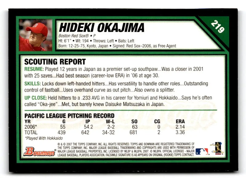 2007 Bowman #219 Hideki Okajima - Baseball Card Single