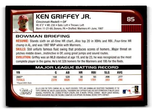 2007 Bowman #85 Ken Griffey Jr NM Near Mint Reds ID:83456 - Baseball Card Single