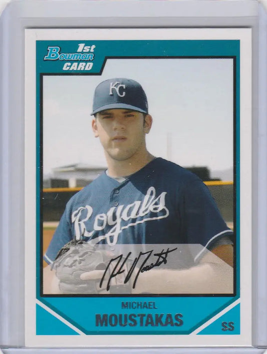 Baseball card of BDDP53 Mike Moustakas in navy blue Kansas City Royals uniform