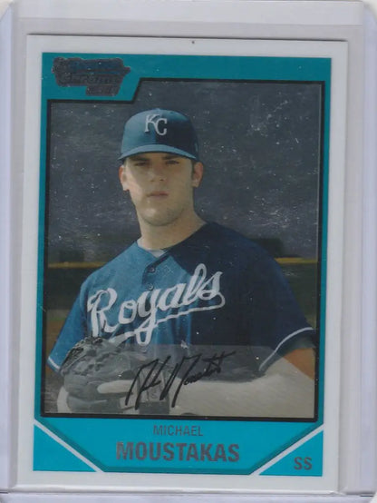 Baseball card featuring Mike Moustakas in navy uniform, Bowman Draft Chrome #BDDP53