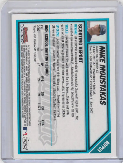 Baseball trading card of BDDP53 Mike Moustakas from Bowman Draft Chrome Kansas City Royals