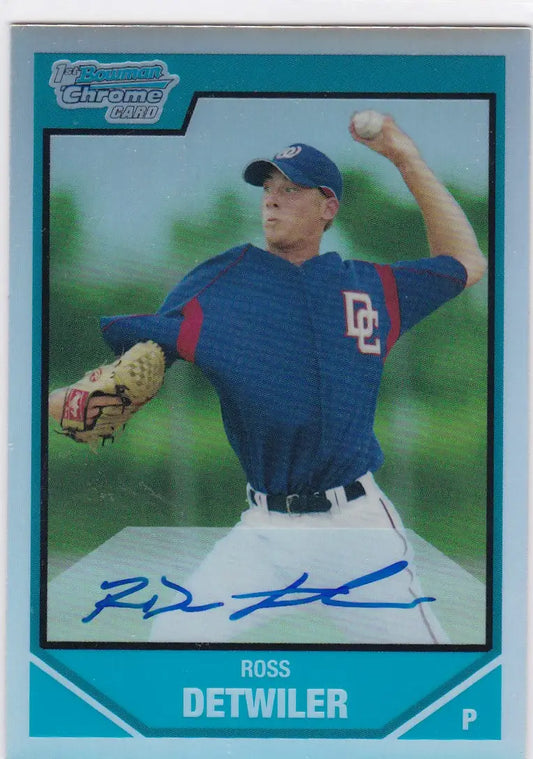 Baseball card of Ross Detwiler in blue uniform, 2007 Bowman Draft Chrome BDPP112 RC Auto