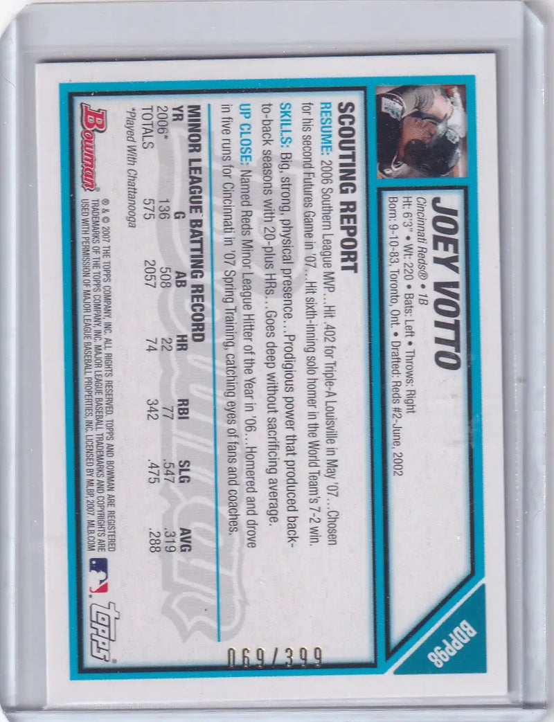 2007 Bowman Draft Picks Royal Blue 69/399 #BDPP98 Joey Votto - Cincinnati Reds