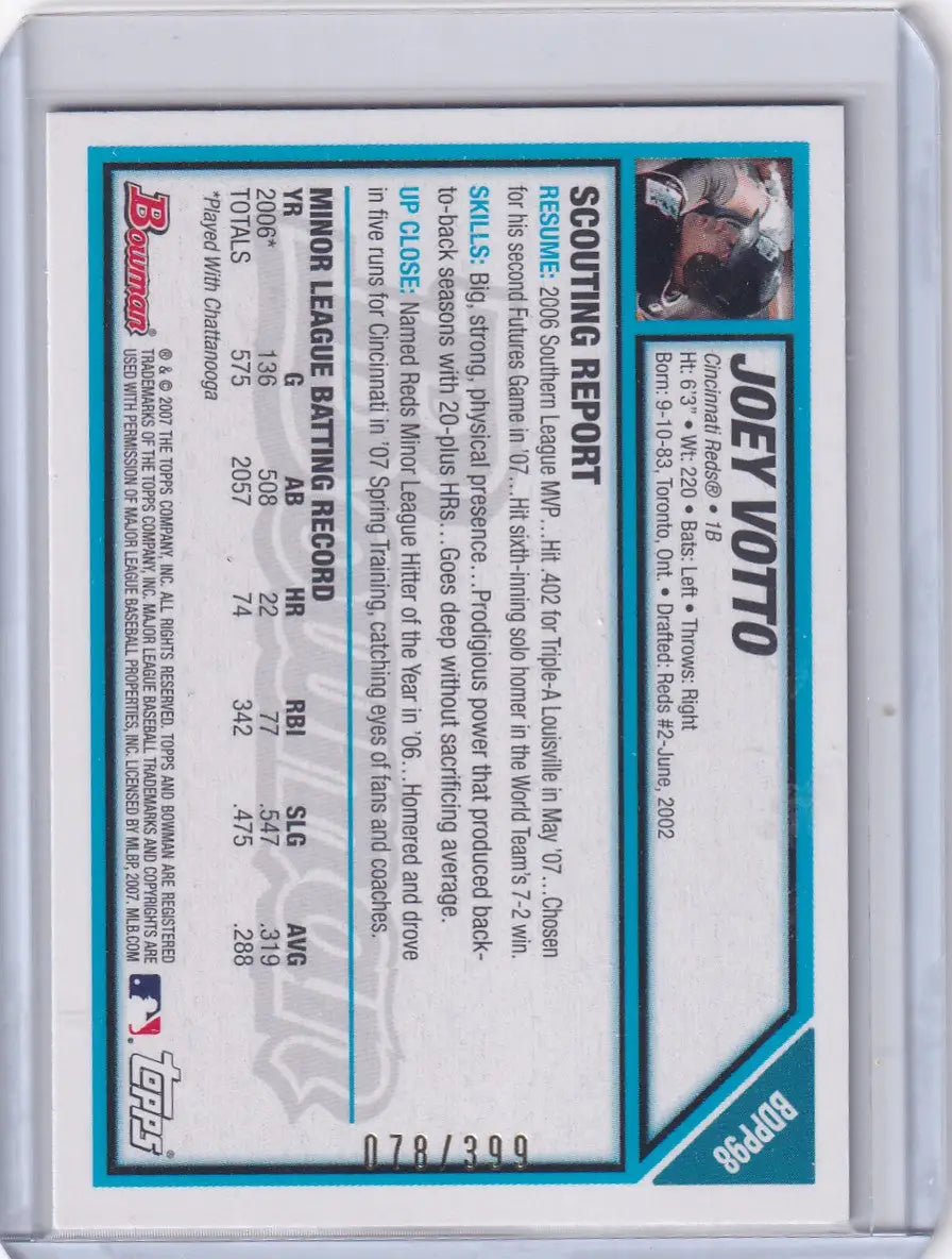 2007 Bowman Draft Picks Royal Blue 78/399 #BDPP98 Joey Votto - Cincinnati Reds - Baseball Card Single