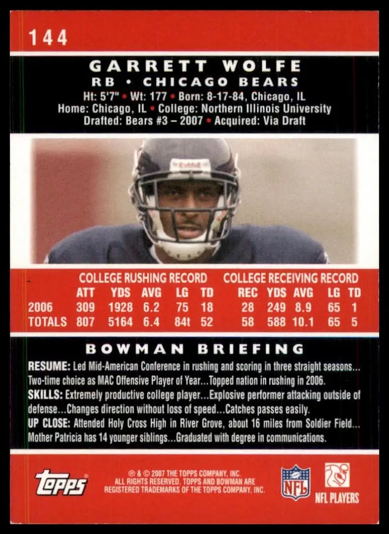 2007 Bowman Garrett Wolfe #144 Rookie Chicago Bears Football Card NFL Sports - Football Card Single