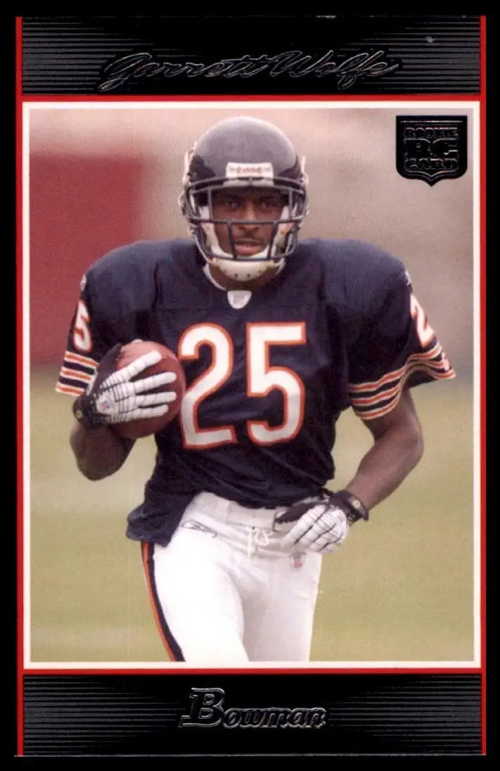 2007 Bowman Garrett Wolfe rookie football card featuring a 25 jersey number player