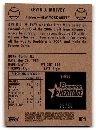 Kevin Mulvey Bowman Heritage Prospects Black baseball card from 2007 Bowman Heritage collection