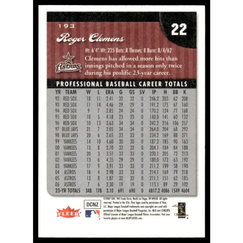 2007 Fleer #193 Roger Clemens EX/NM Houston Astros Baseball Card - Baseball Card Single