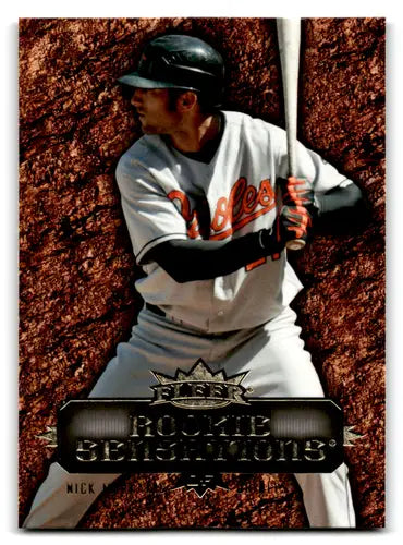 Baltimore Orioles baseball card from Fleer Rookie Sensations series featuring Nick Markakis batting
