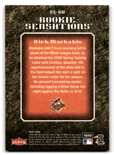 Back of a Fleer Rookie Sensations baseball card featuring Nick Markakis Orioles rookie