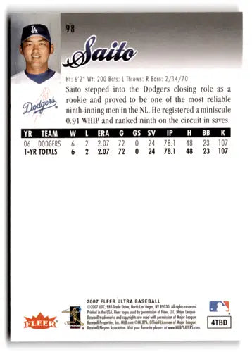 2007 Fleer Ultra Takashi Saito baseball card with original gloss Dodgers ID 73069
