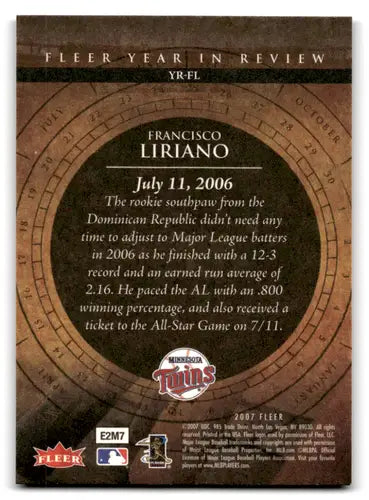 Back of 2007 Fleer Year in Review Francisco Liriano baseball trading card with original gloss