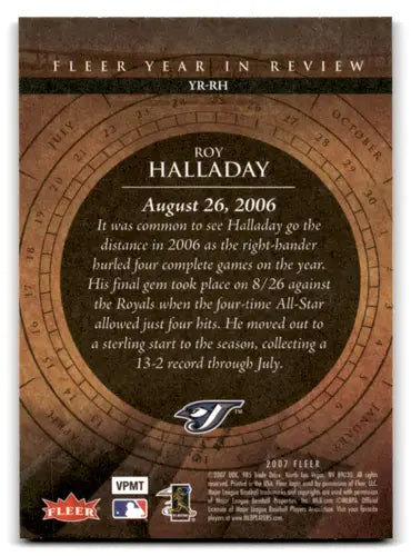 Original gloss Roy Halladay baseball card from Fleer Year in Review featuring Mint Blue Jays imagery