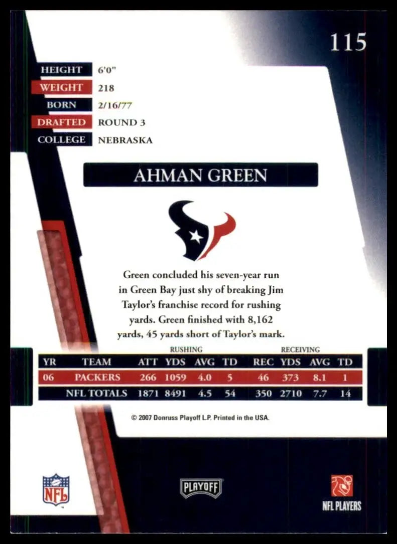 2007 Donruss Playoff Football Card featuring Ahman Green Houston Texans player