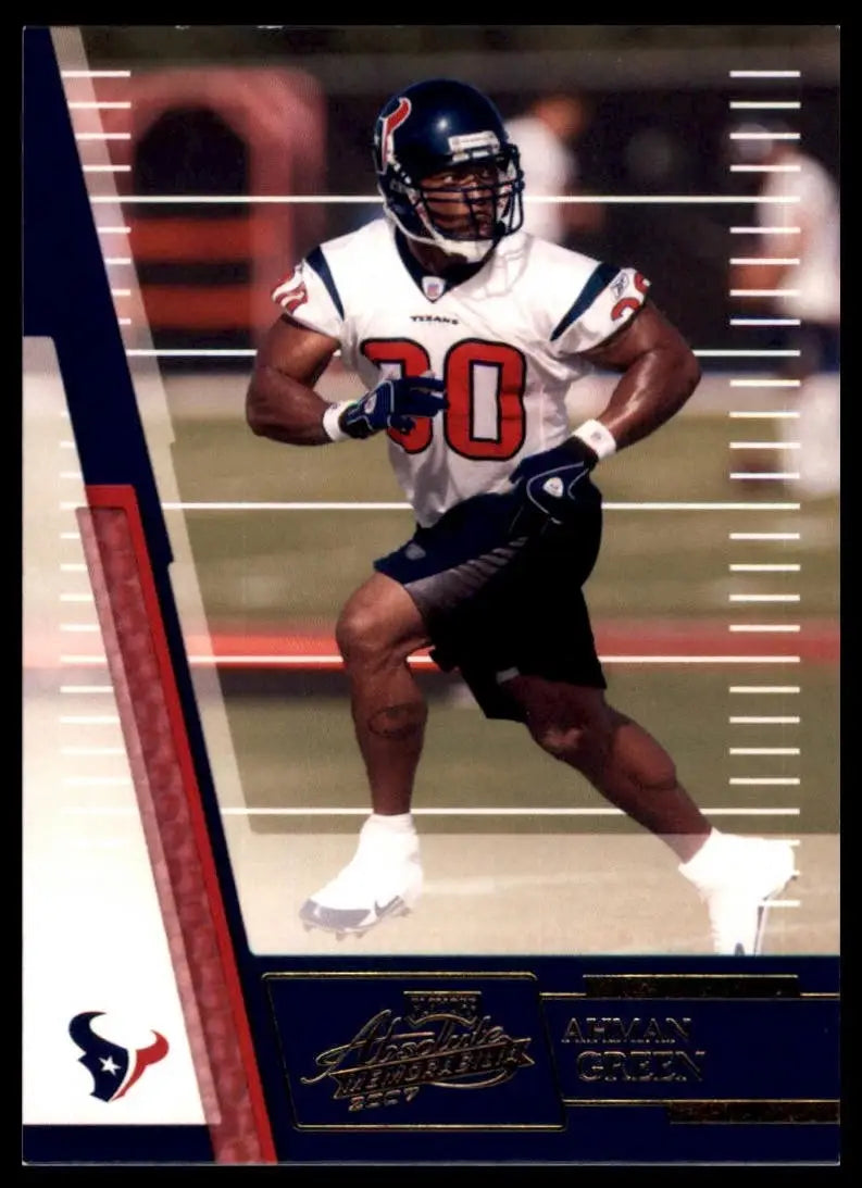 Football card featuring collectible action figure of Ahman Green in white jersey and black shorts