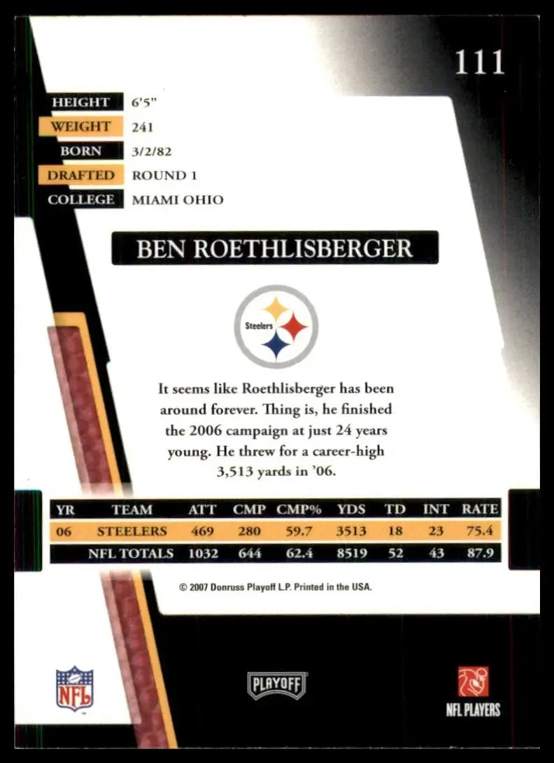 2007 Playoff Absolute Memorabilia Ben Roethlisberger football card featuring Steelers player