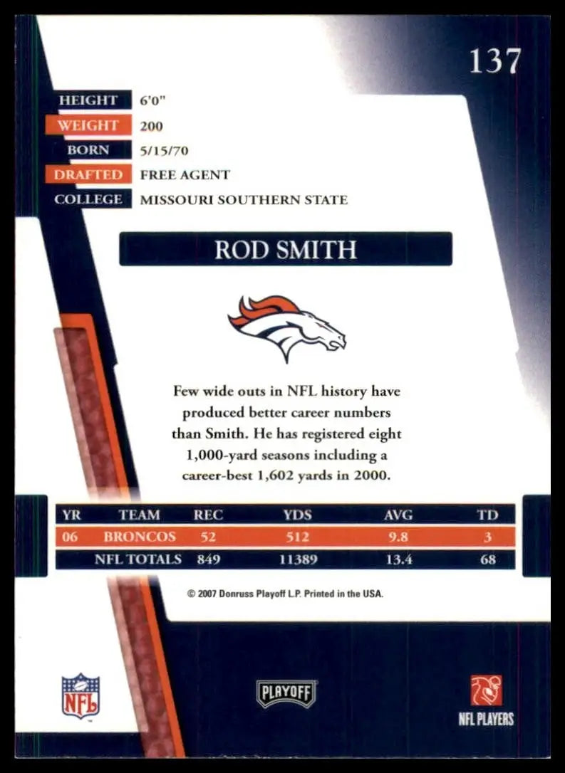 2007 Denver Broncos Rod Smith football card from Playoff Absolute Memorabilia series